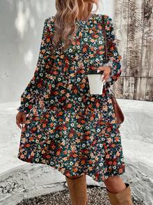 EMERY ROSE Lässiges, weites Ditsy-Blumen-Langarmkleid für Frauen, vielseitig für den täglichen Gebrauch, Frauen Herbst Blumenkleid Langarm Blumenkleid Herbst Blumenkleid Boho Blumenkleid Blumenkleid Frauen - Verschiedenfarbig - Übersicht 4