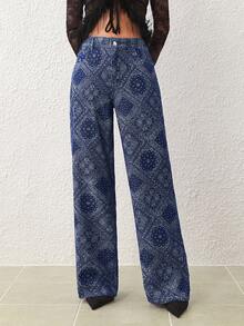 SHEIN Essnce Quần jeans ống đứng in hoa giản dị dành cho nữ - Màu xanh lam - Xem 3