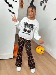 SHEIN 青少年女孩时尚休闲针织圆领运动衫和喇叭裤套装 - 亮橙色 - 查看 5