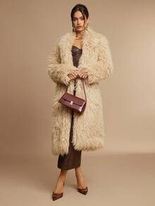 Silquee High-End Series New Autumn And Winter Fashion Fluffy Brown Fur Long Curly Mid-Length Coat, Elegant Women's Furry Parka, Women's Fashion Street Style Slanted Pocket Collar Metal Button Front Faux Fur Jacket, Winter Fur Coat With Lining