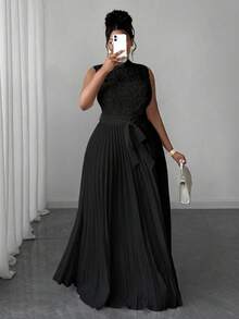 Maweii 大码女式撞色蕾丝褶边无袖优雅腰连衣裙 - 黑色 - 查看 3