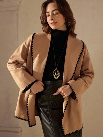 Wildy Dam Casual Kontrastfärgad Fiskbensmönstrad Långärmad Yllekappa Med Bälte Höst Vinterkläder För Damer