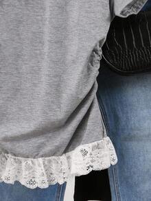 INAWLY Women's Crew Neck Long Sleeve Ruched Lace Ruffle Hem Casual T-Shirt - Light Grey - View 4