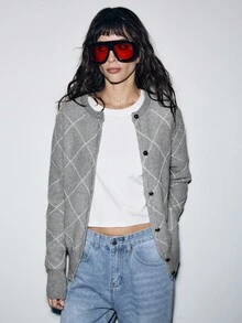 Chiquease Women's Casual Fashion Young Minimalist Versatile Crew Neck Colorblock Diamond Pattern Fitted Cardigan Sweater, Autumn/Winter - Grey - View 1