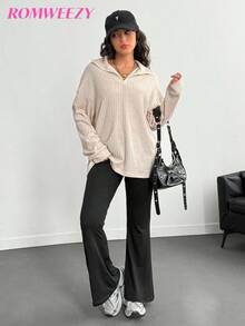 2 pièces Tenue décontractée pour adolescente en automne/hiver, comprenant un Top tricoté avec design à demi-zip pour un enfilage facile et un pantalon noir simple, convenant aux activités scolaires ou de plein air quotidiennes - Nude - Voir 8