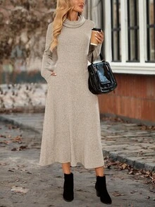 EMERY ROSE Women's Casual Solid Color Long Sleeve Dress, Autumn/Winter - Apricot - View 4