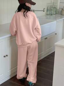 DAZY 2pcs/Set Tween Girls Crew Neck Letter Embroidery Sweatshirt Outfit, Fall - Dusty Pink - View 5