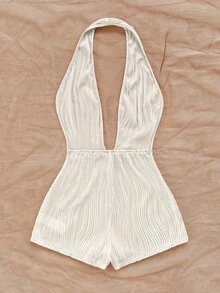 Soleia Bộ đồ liền thân hở lưng cổ chữ V sâu họa tiết gợn sóng dệt kim màu trắng dành cho nữ, thời trang phù hợp cho tiệc tùng, hẹn hò, trà chiều, kỳ nghỉ Boho, bãi biển, trang phục mùa hè - Màu be - Xem 2