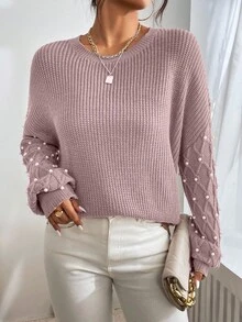 EURMUSE Casual Minimalist Crew Neck Loose Fit Long Sleeve Pullover Sweater For Women - Dusty Pink - View 5