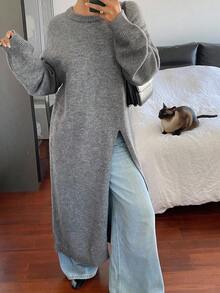 DAZY Women's Casual Solid Color Split Hem Sweater Dress, Autumn