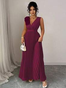 Vestido plisado de línea A de color crema amarillento, talla grande, con escote en V, sin mangas, cintura ceñida, sofisticado - Rosa - Ver 11