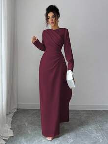 Elenzga Đầm Maxi Tay Dài Cổ Tròn Xếp Ly Eo Cho Nữ, Màu Trơn, Thanh Lịch, Trang Trọng, Công Sở, Đi Làm, Dịp Nghỉ, Tiệc Tùng, Cổ Điển, Phong Cách Trung Đông, Mùa Thu, Màu Vàng Nhạt - Màu Tím - Xem 6