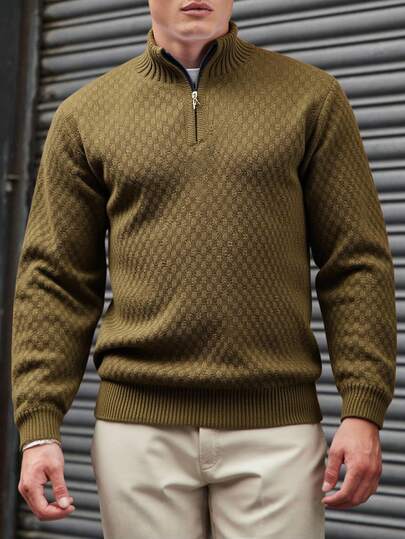 Men Textured Half Zipper Rib Knit Crew Neck High Quality Regular Sweater