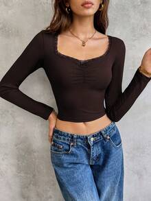 SHEIN Unity Women's Casual Everyday Lace Trim Ruched Bust Fitted Long Sleeve Cropped T-Shirt, Spring/Autumn, Going Out Top - Coffee Brown - View 6