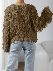 EMERY ROSE Women's Solid Color Fringe Loose Knit Cardigan, Fashionable For Autumn/Winter - Rust Brown - View 2