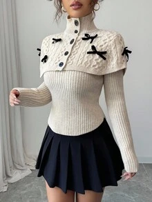 Elenzga 优雅高领蝴蝶结斗篷二合一毛衣，秋冬 - 杏色 - 查看 6