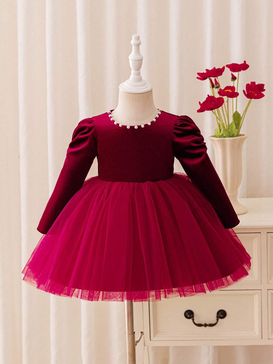 Glamorique Kids 女童红色长袖连衣裙，薄纱荷叶边裙摆，珍珠手工刺绣婚礼宾客礼服，宝宝生日派对礼服，女婴高端连衣裙 - 酒紅色 - 查看 1