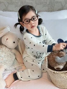 2 件套女童波尔卡圆点宠物狗图案柔软裤子和长袖舒适睡衣套装 - 杏色 - 查看 7