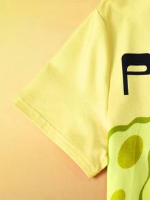 SpongeBob SquarePants | SHEIN 2pcs Tween Girl Cartoon Graphic Print Loose Fit Round Neck Short Sleeve Top And Shorts, Casual Summer Knit Flame Retardant Pajama Set