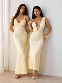 SHEIN PETITE Váy dài bằng vải satin giả satin cao cấp cho nữ, thích hợp cho ngày lễ tình nhân, váy dự tiệc, váy lễ hội âm nhạc, váy phù dâu cưới, váy dạ hội, váy ngày lễ, váy màu vàng, váy lót mùa thu đông, trang phục dự tiệc, trang phục hẹn hò - Màu vàng - Xem 8