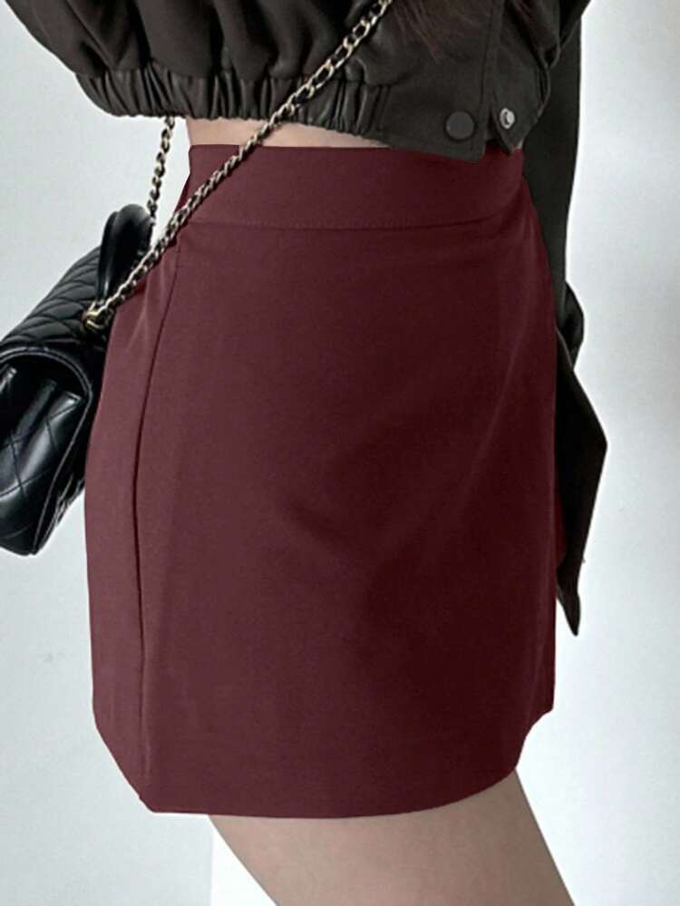Women's Solid Color Side Slit Skort, Suitable For Chinese New Year , All Seasons Leather