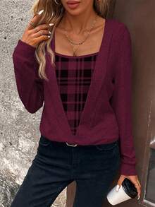 EMERY ROSE Women's Casual Plaid Patchwork Sweatshirt, Autumn - Red Violet - View 5
