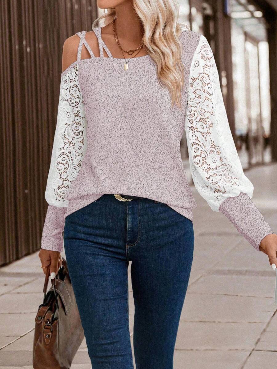 EMERY ROSE Women's Contrast Lace Asymmetric Collar Long Sleeve Fashionable Blouse - Baby Pink - View 1