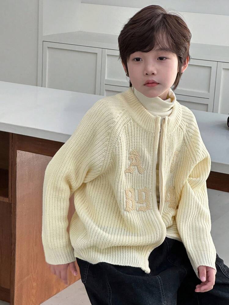 Oversized Boys Casual Letter Jacquard Knit Sweater, Autumn