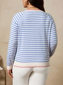 Zelara 加大码蓝色条纹撞色毛衣，圆领长袖修身毛衣女士冬装万圣节服装，冬装万圣节毛衣工作服女士通勤简约办公室老款毛衣，适合日常穿着，通勤，简约，优雅时尚通勤，休闲风格秋季 - 藍白色 - 查看 8