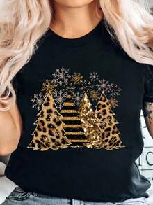 EMERY ROSE 圣诞节T恤，圣诞树T恤，女士圣诞T恤，适合春夏季，女装 - 黑色 - 查看 3