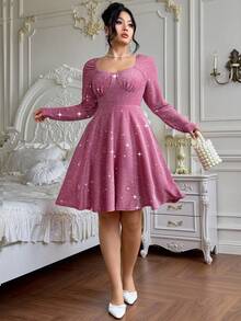 Flirla Plus Size Women's Elegant Lace & Metallic Thread Long Sleeve Party Dress Party Gathering Dance Date Dinner Party Banquet - Dusty Pink - View 7