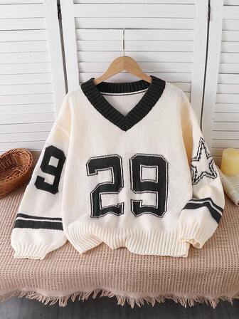 少女秋冬拼色数字印花V领长袖毛衣