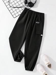SHEIN Tween Boys' Casual Sports Graphic Print Pockets Loose Fit Drawstring Cargo Pants, Suitable For Commuting, School, Daily Casual, Travel, Sports, Spring/Summer/Autumn/Winter, Black Cargo Pants - Black - View 5