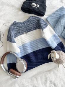 SHEIN Vintaside Kids 冬季服装、冬季套装、儿童冬季服装、秋季服装、万圣节、万圣节服装、圣诞节服装、男童撞色宽条纹拼接粗针织毛衣，百搭实用，适合秋冬季上学或休闲穿着。 - 彩色 - 查看 2