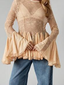 MISSGUIDED Long Sleeve Lace Peplum Blouse With Bell Sleeves And Sheer Overlay For Special Occasions - Apricot - View 4