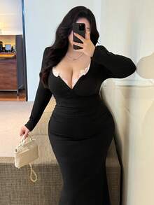 Vibekara Vestido de encaje de contraste talla grande, vestido informal y cómodo sin mangas para ir al trabajo y uso al aire libre - Negro - Ver 6