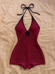 Soleia Women's Casual Vacation New V-Neck Halter Tie Bow Front Hollow Out Black & White Contrast Trim Bodycon Ribbed Jumpsuit, Versatile For Party, Date, Afternoon Tea, Beach