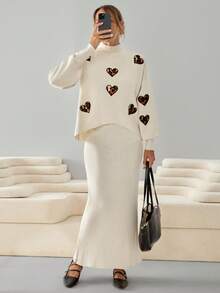 EURMUSE Women Knitwear Heart Detailed Appliques Sweater And Skirt Two Pieces Set - Beige - View 1