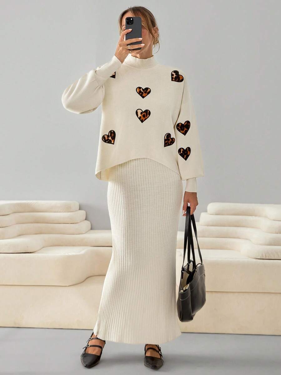 EURMUSE Women Knitwear Heart Detailed Appliques Sweater And Skirt Two Pieces Set - Beige - View 1