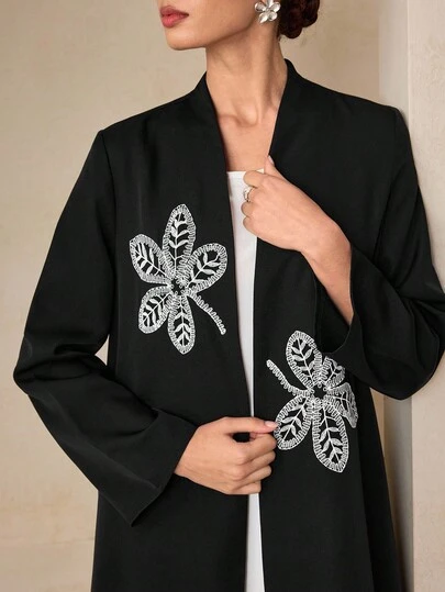 Graceveil 优雅刺绣纯色休闲女式长袍，适合户外穿着，黑色，秋冬