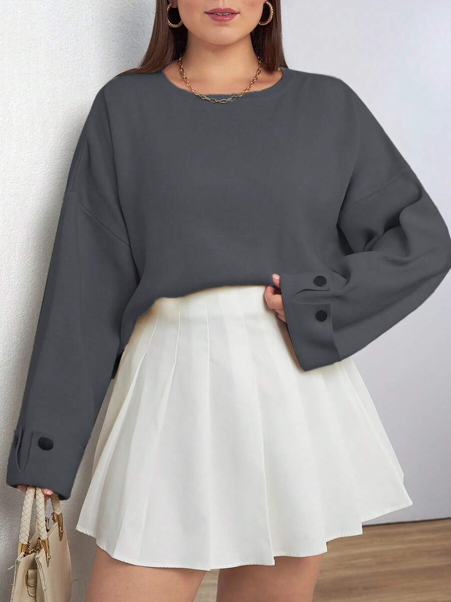 EURMUSE Double Sleeve Button Detailed Oversize Thick Winter Sweater Warm Touch - Grey - View 1