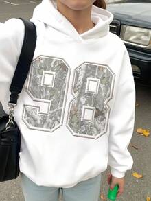 Tween Girl Casual Hooded Thick Sweatshirt, College Style Numeric & Camouflage Leaf Print, Campus Vibe, Citywalk, Street Atmosphere, Leisure Campus Sports Style, Suitable For Autumn/Winter Fall