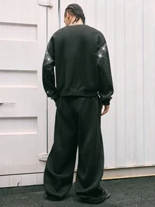 AXEPEAK Men's Fashion Rhinestone Embellished Sweatshirt And Sweatpants Clothes Set, For Fall Winter - Black - View 2