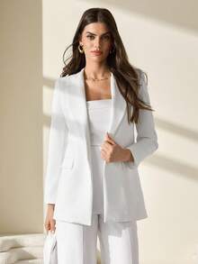 CLARA VERO Damen Einfarbige Lange Ärmel Blazer Jacke mit Knopfdetails vorne - Weiss - Übersicht 5