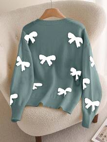 CosyJoli 大码拼色蝴蝶结装饰V领长袖毛衣 - 薄荷綠 - 查看 2