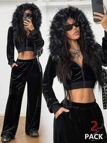 Coolane Women's Fall/Winter Streetwear Athleisure Basic Daily Wear Velvet Fur Collar Hooded Sweatshirt And Straight Pants Suit Set Two Pieces Outfits