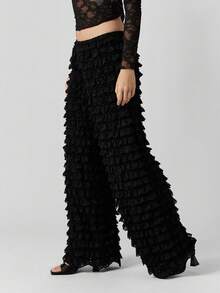 MISSGUIDED Wide Leg Tiered Ruffle Palazzo Pants With Lace Textured Fabric For Special Occasions And Evening Wear - Black - View 7