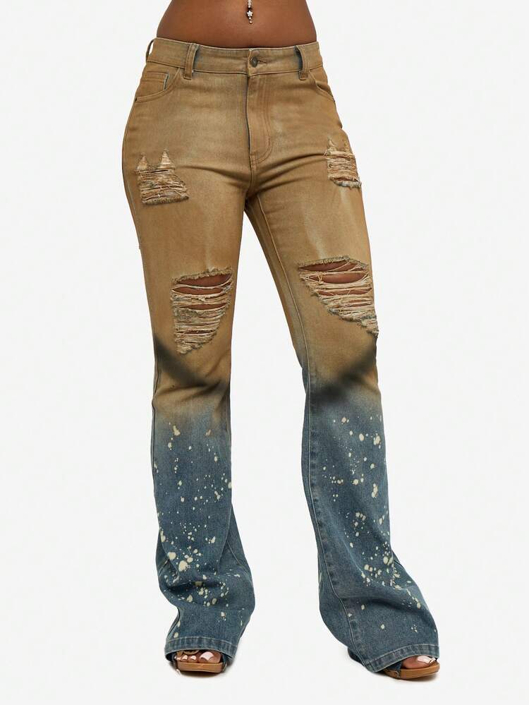 SUMWON Cotton Vintage Acid Wash Distressed Flare Jeans With Bleach Splatter And Ripped Details For Festival And Retro Style