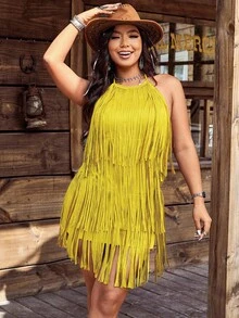 SHEIN LUNE 大码女式西部音乐节嬉皮摇滚流苏装饰露背波西米亚度假连衣裙 - 鵝黃色 - 查看 1