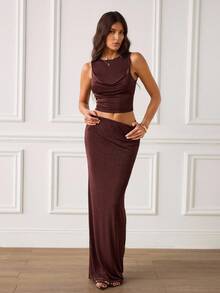 SHEIN Tall 女士纯色针织无袖背心+长裙，夏季休闲装 - 咖啡棕 - 查看 3